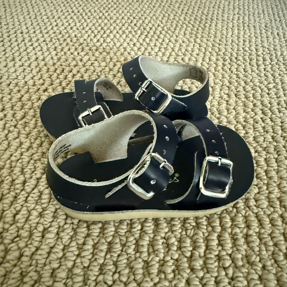 Kids Black Double-Buckle Leather Sandals